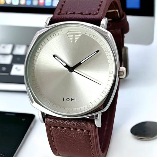 Aa1 Quartz Swiss Tomi Made Stylish Watch For Boys And Girls, Leather Strap ,(silver Dial )with Box