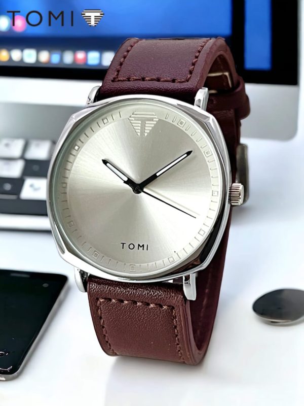 Aa1 Quartz Swiss Tomi Made Stylish Watch For Boys And Girls, Leather Strap ,(silver Dial )with Box