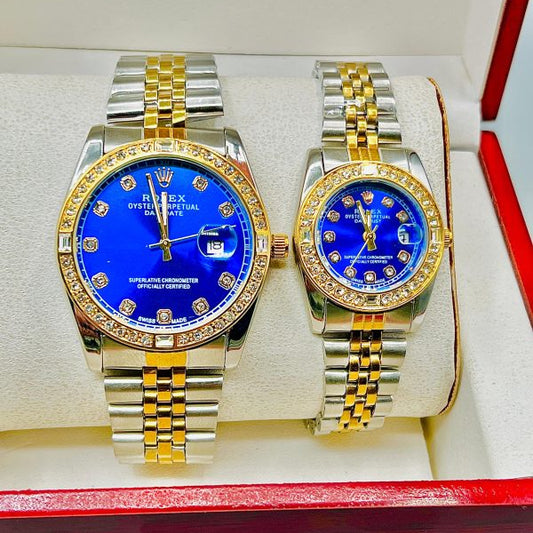 Aa1 Rolex Diamond Cut Stone Couple Watch Two Tone Watch With Chain Strap (silver + Golden)