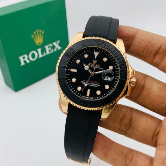 ( Golden ) Rolex Stylish Watch For Men Adjustable Rubber Strap | Heavy Master Lock | Steel Buzzle Working | ( With Normal Box )