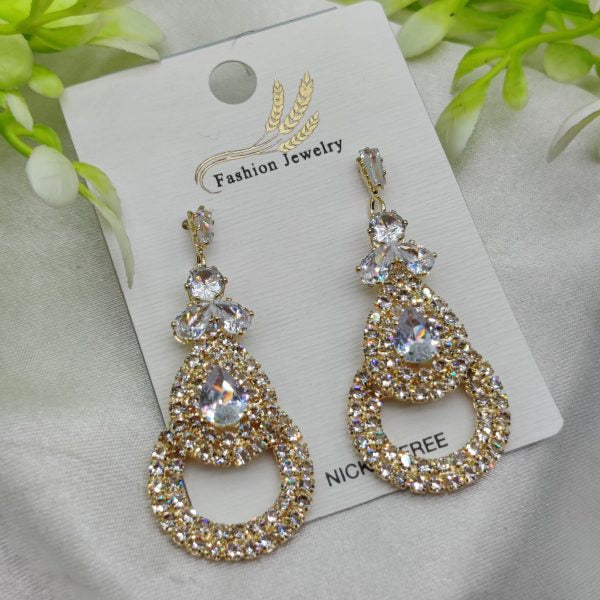 Imported Glamorous Crystal-studded Teardrop Earrings – Nickel Free Earrings – Luxurious Gold Finish | Best Quality Artificial Earrings For Girls & Women