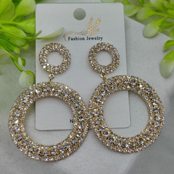 Imported Radiant Double-hoop Crystal Earrings – Glamorous Statement Jewelry – Luxurious Gold Finish | Best Quality Artificial Earrings For Girls & Women