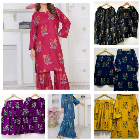 Lilen Block Flower Print 2pc Suit Shararah Style