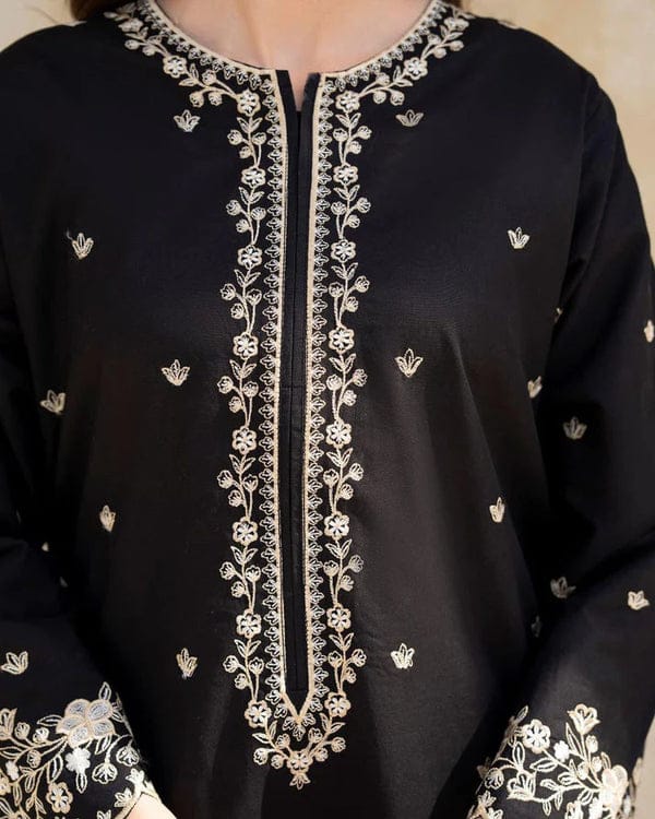 Riwaj Tan 2pc Stitched Suit Embroidered Shirt Premium Lilen (black)